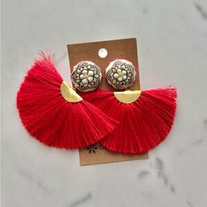 Red Tassel Earrings with Gold Accents